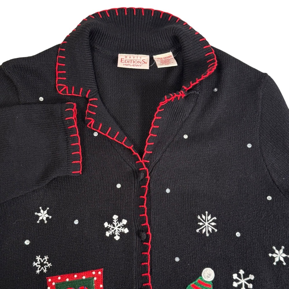 Vintage Christmas Holiday Sweater Snowflakes Snowman Beaded Embroidered Women L
